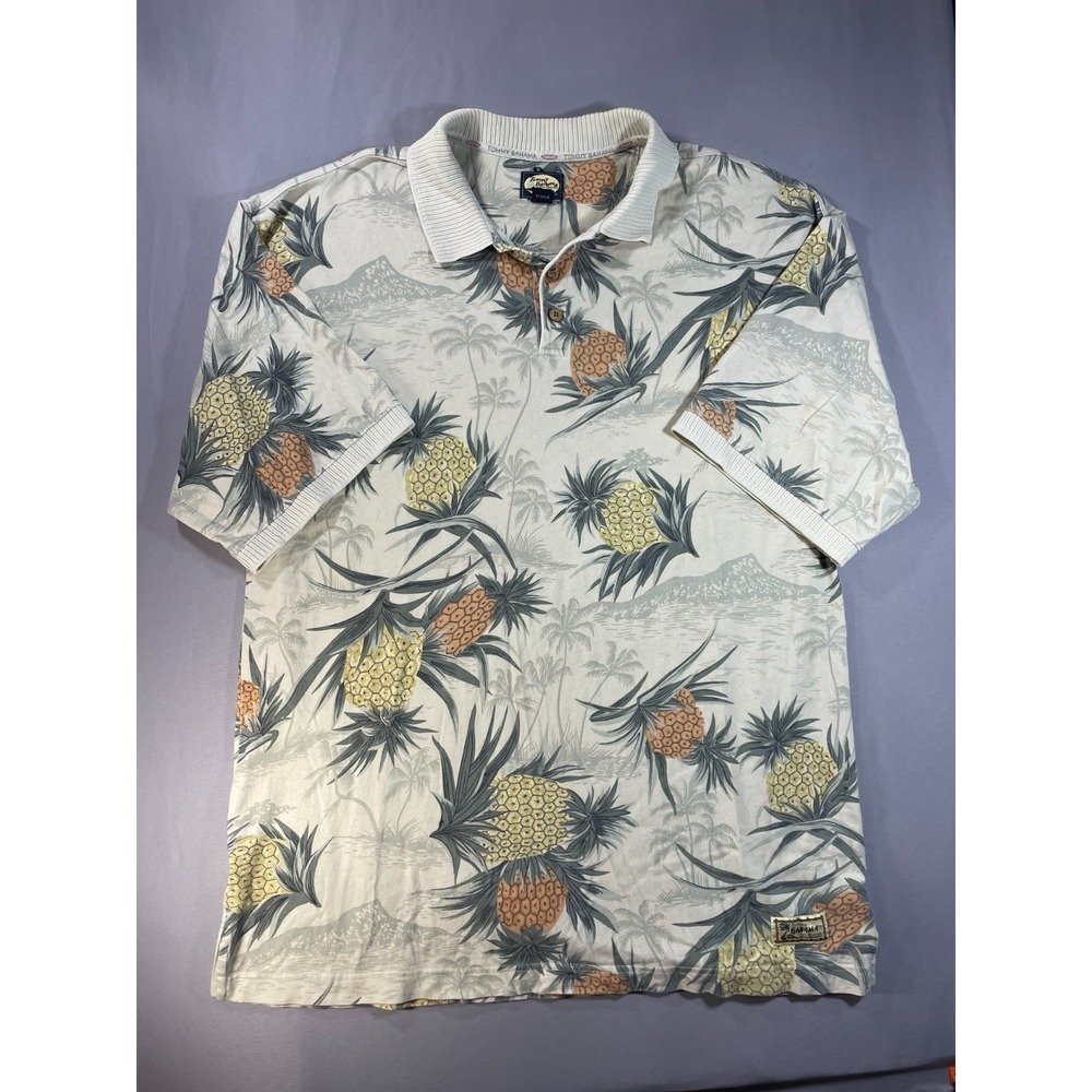 Tommy Bahama Pineapple Polo Mens XL Cream Tropical Hawaiian Cotton Vintage